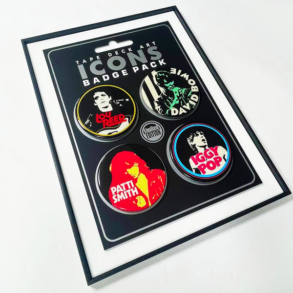 4 x Badge Pack, ICONS (Lou Reed, Patti Smith, David Bowie & Iggy Pop